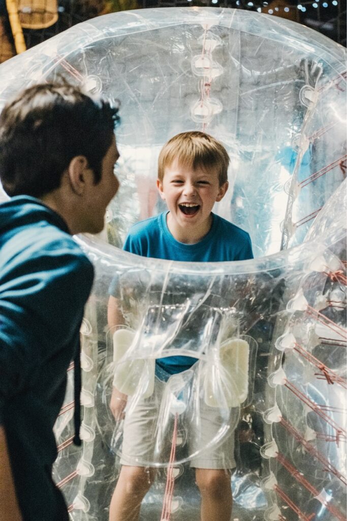 Garçon riant dans une bulle gonflable, activité amusante.