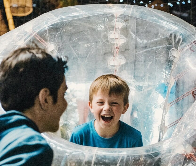 Garçon riant dans une bulle gonflable, activité amusante.