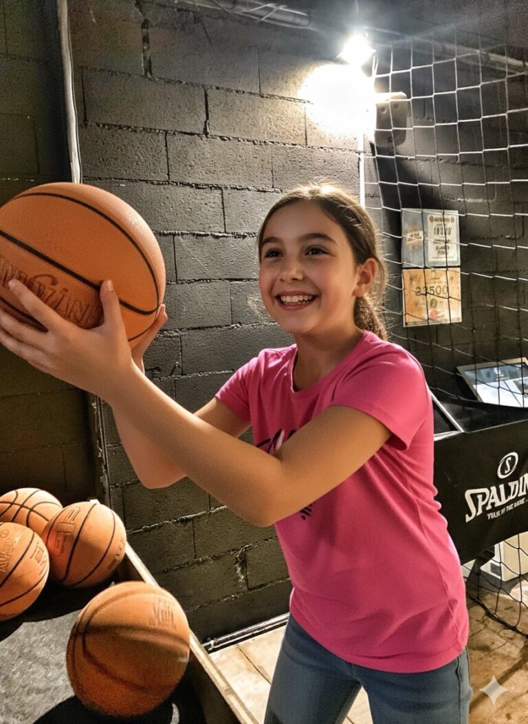 Enfant souriante jouant au basket à l'intérieur.