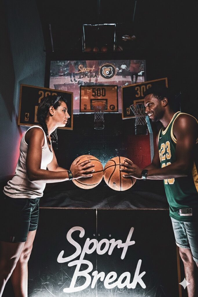 Match de basket intérieur, deux joueurs s'affrontent.
