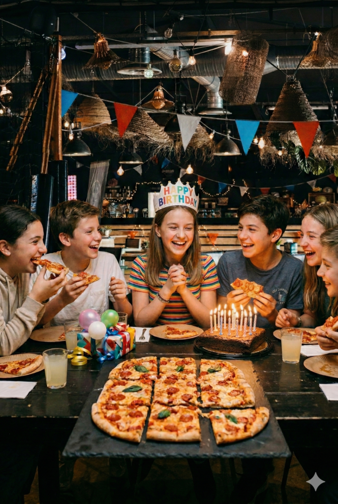 Groupe célébrant un anniversaire avec pizza et gâteau.