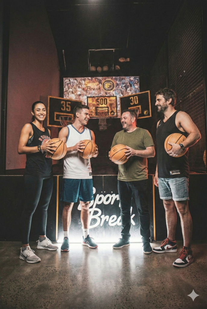 Quatre personnes souriantes avec des ballons de basket.