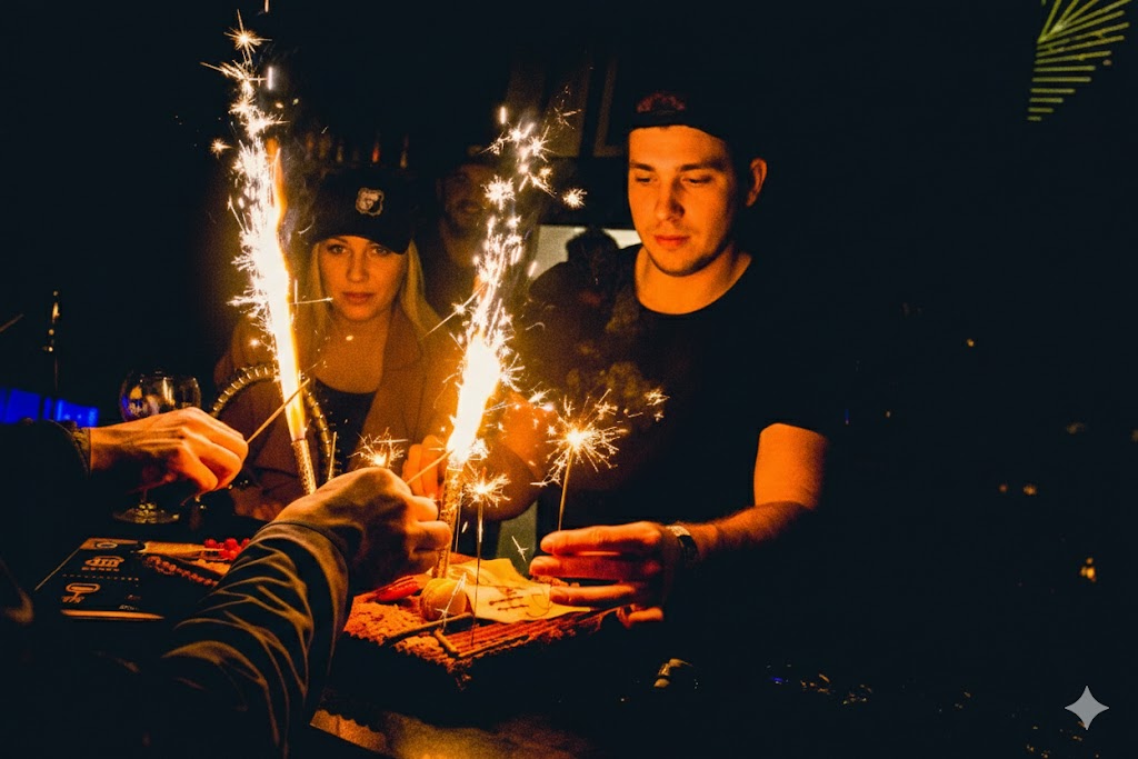 Personnes célébrant avec des cierges magiques dans un bar.