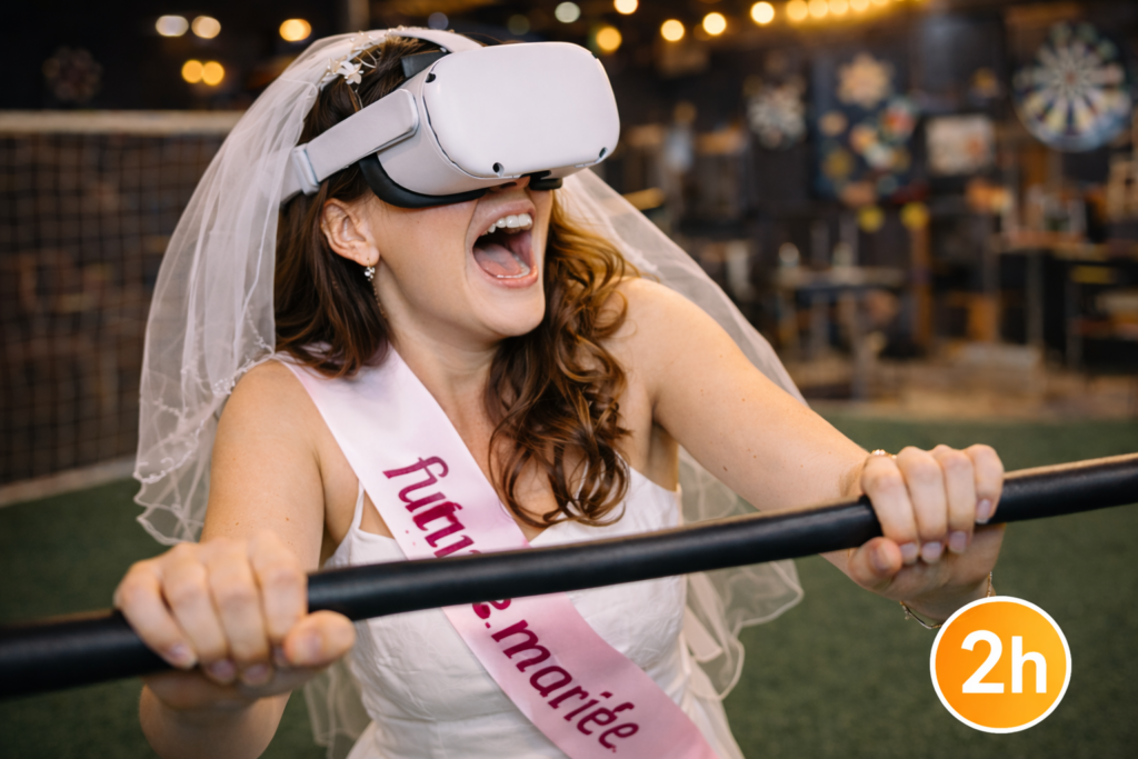 Femme en réalité virtuelle avec voile de mariée.