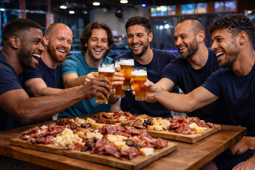 Amis trinquant avec des bières et charcuterie