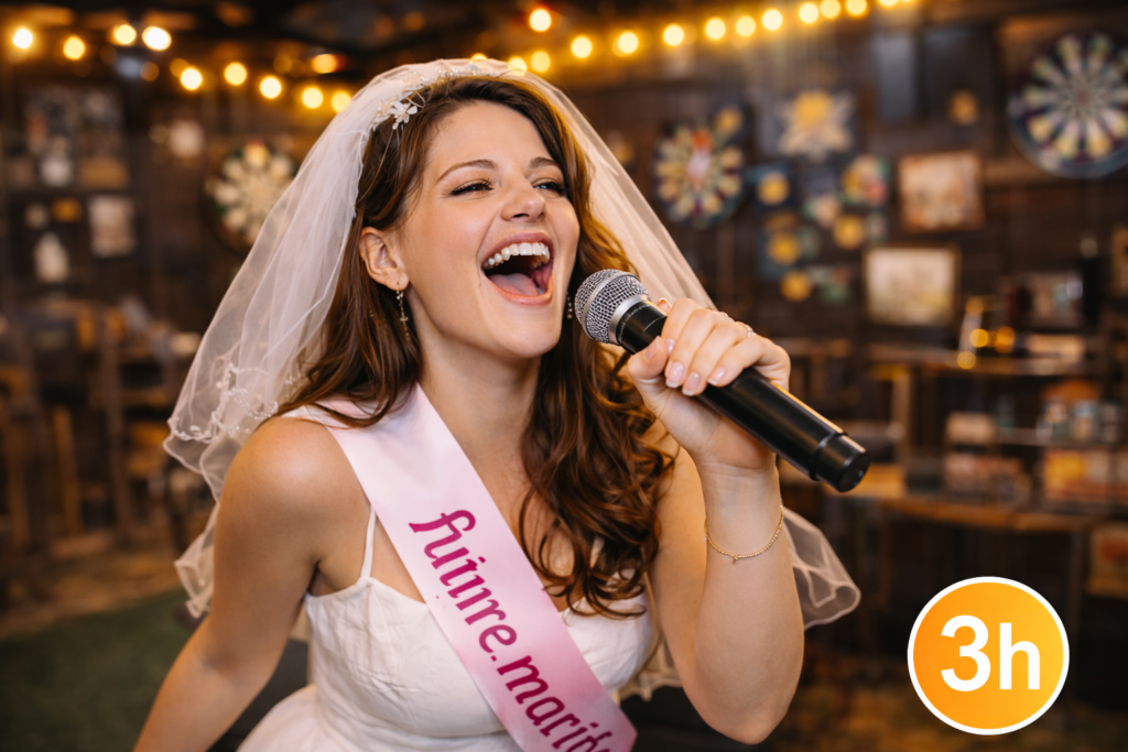 Femme en robe de mariée chantant joyeusement