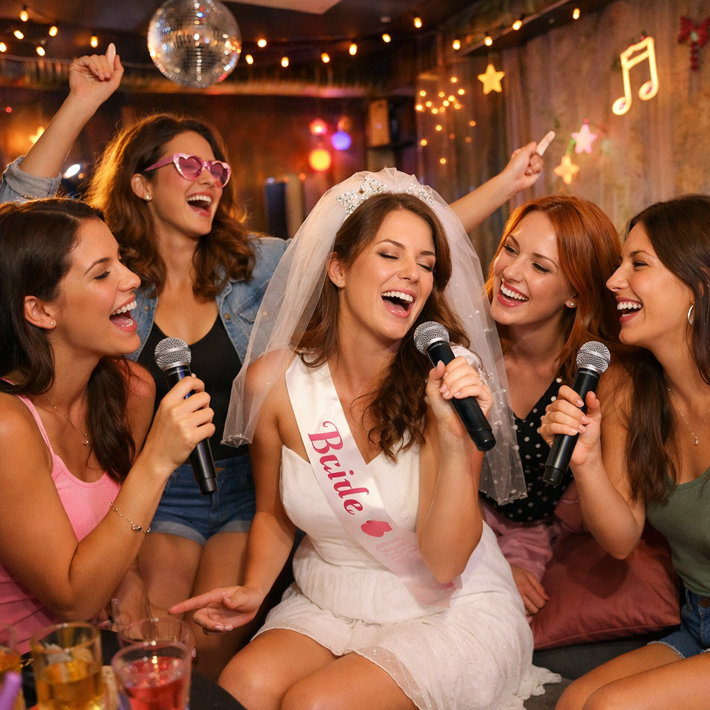 Femmes chantant au karaoké lors d'une fête.