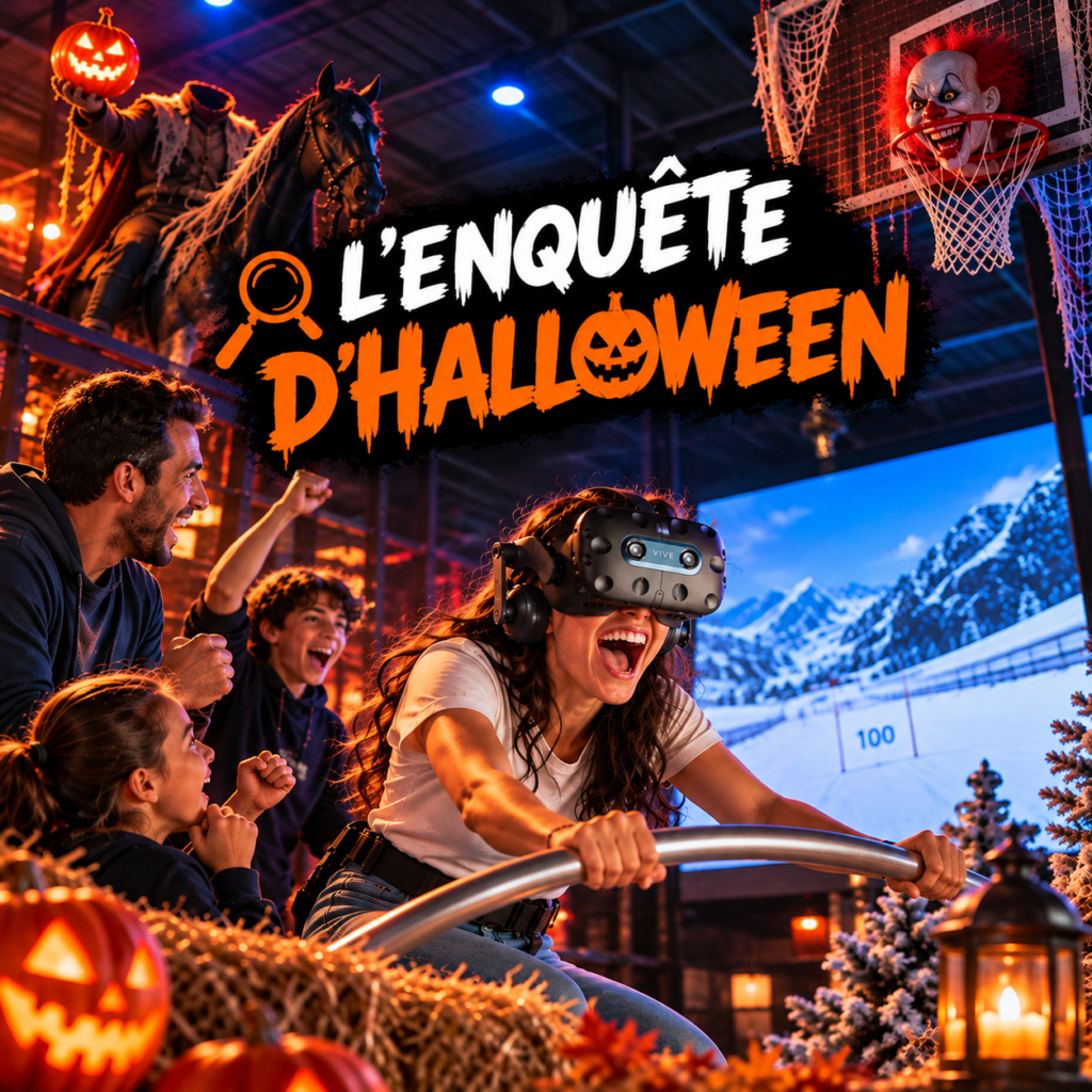 Groupe enthousiaste pendant une expérience Halloween VR.